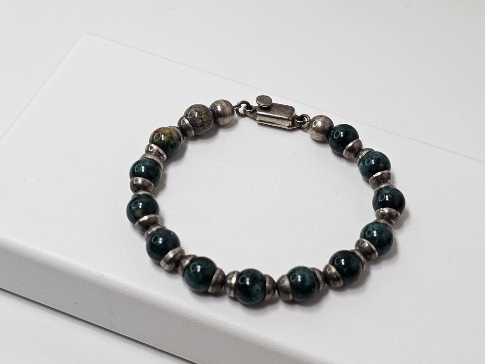 Mexico Taxco Green Stone Beads Link Bracelet Sterling Silver 7.5"